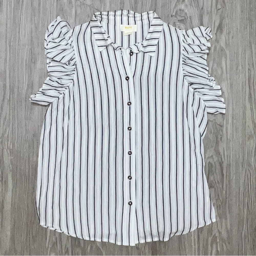 Maeve / Anthropologie Black and White Striped Ruffle Sleeve Shirt